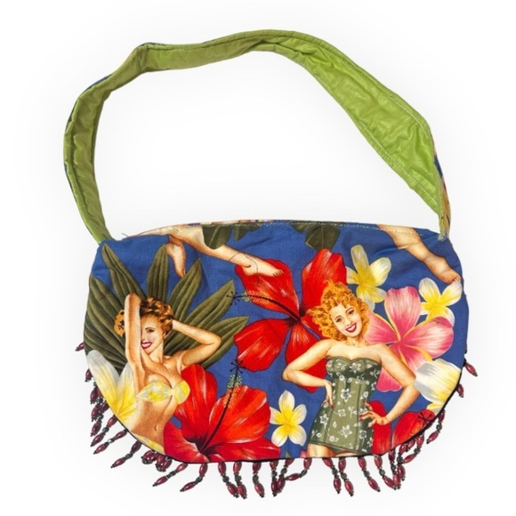 Vintage Handbags - Handmade Hawaiian Aloha Pinup Girl Floral Purse Vintage Beaded Shoulder Bag